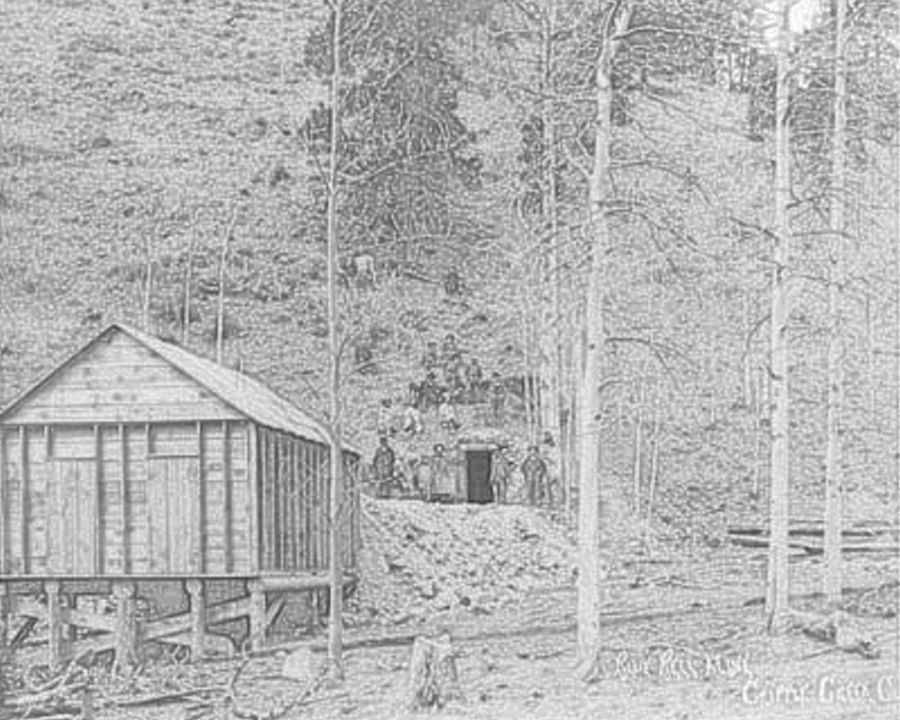 This photo is taken in Squaw Gulch, a little below what was known as Barry in early days and later Anaconda. It shows in foreground left the Ore-house of the promising Blue Bell Mine with its adit/tunnel opening about middle of page and a group of miners posing around it. Slightly better quality on the low-resolution image on the Cripple Creek Museum webpage.
The location of this mine was just a few meters further up the gulch from the Sylvanite [aka Hartzell] mill.