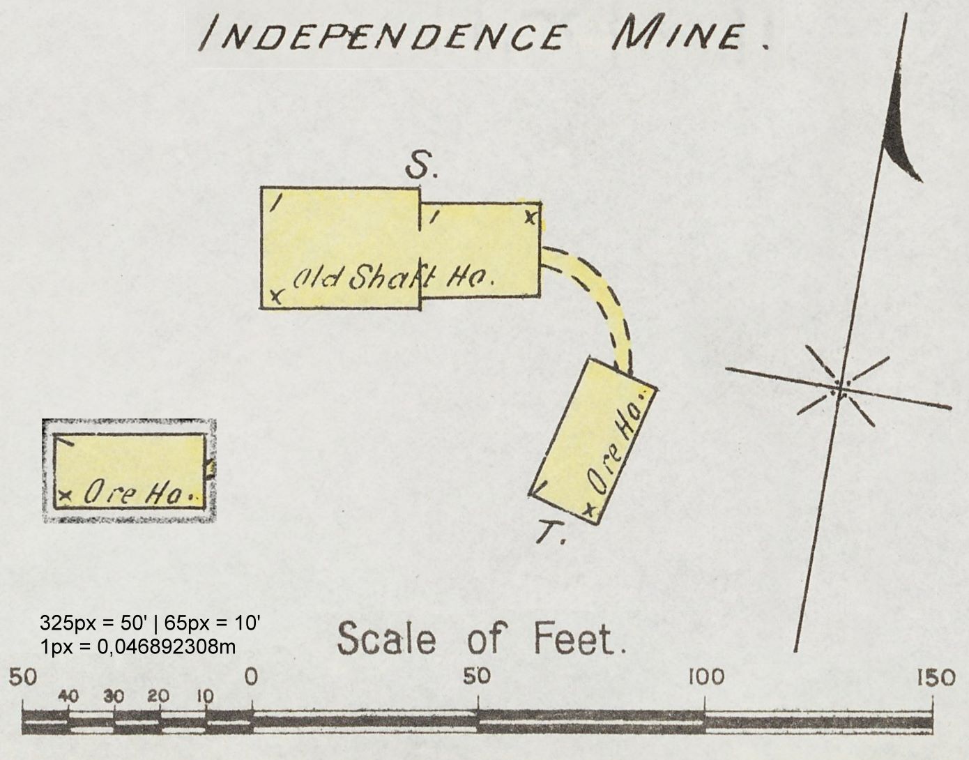 This 1894 Sanborn Fire Insurance Map for the Old Independence Shaft shows shaft house and the ore-house as it was drawn, together with the Direction Arrow pointing to North as per map, and the scale bar. In addition, I have calculating a scale as per pixels towards meters, and I cropped out and straighten the ore-house part and inlaid it into some open space as to be able to use it for modelling purposes – seen near lower left side.