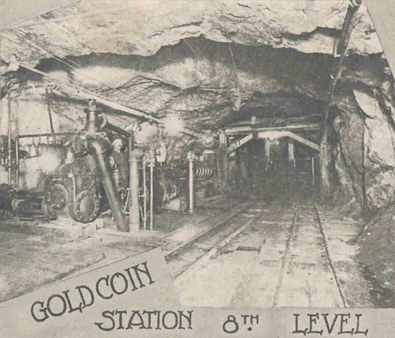 This underground view is from the 8th level of the Gold Coin Mine in Victor. It appears there is a pumping station down here to keep water from flooding the mine and its lower levels, an ongoing problem as depth was gained in the mines in the District.