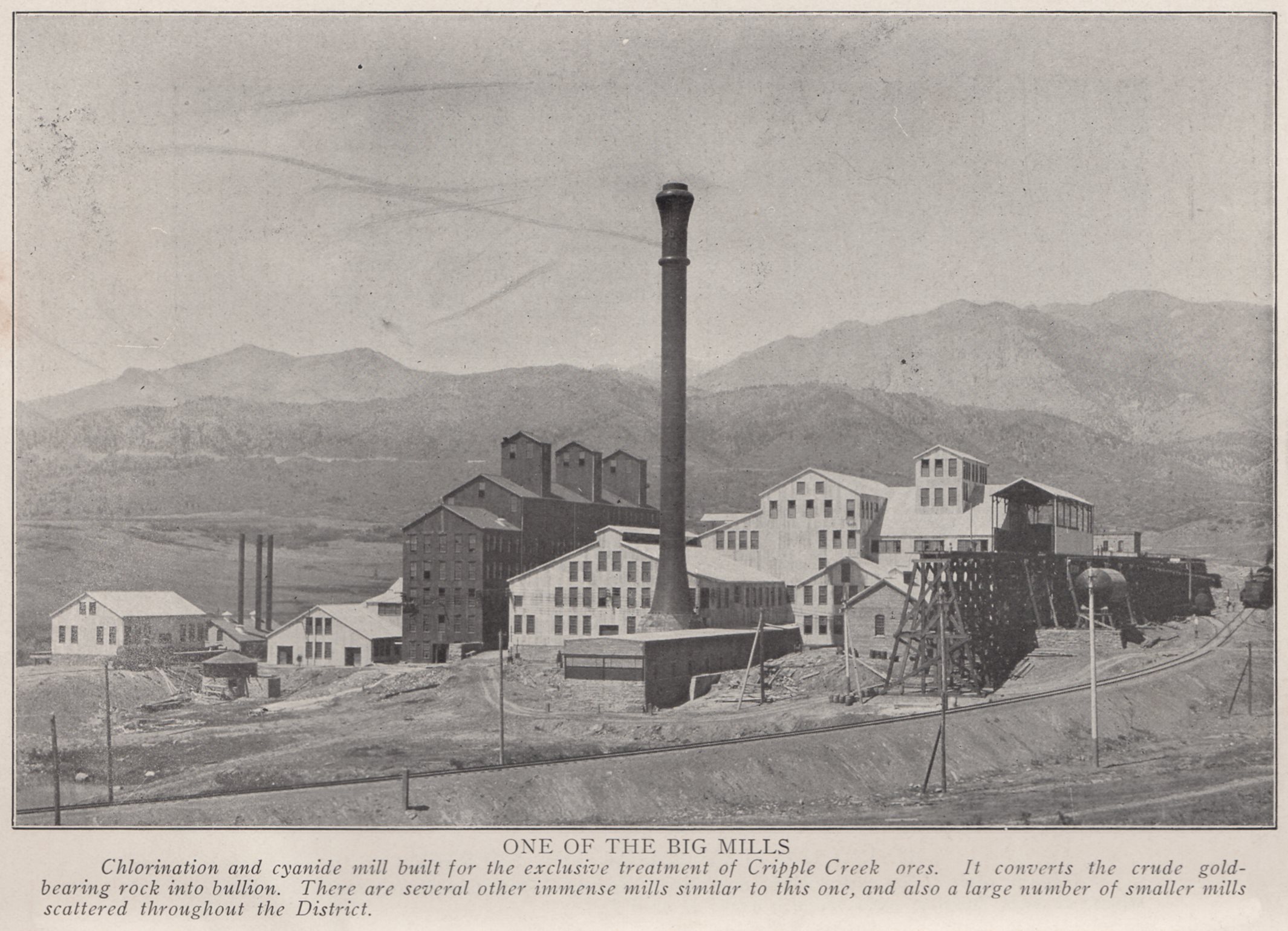 This is the large Portland Mill along the Short Line in Colorado Springs, built in 1902. It was a chlorination first, later also a cyanide mill built for the exclusive treatment of Cripple Creek ores. It converted the crude gold-bearing rock into bullion. The Mill closed in 1918, and as with the grade of the Short Line in this area, near impossible to find any traces of it judging from aerial photos I've seen.