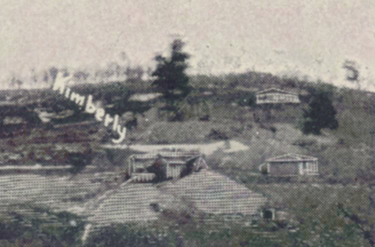 This is a cropped view from a 600-dpi scan of a printed source image of the northwest slope of Beacon Hill, hence the quality is not very good. In addition, the engraver exaggerated the structures to stand out better, but it is far better than having no image at all!
   The Kimberly was most likely located on the Lonaconing Lode, but might also be on the Columbus Lode or the Old Hickory Lode, as those was all owned by the Kimberly Gold Mining Company till that company consolidated into the El Paso group. Personally I have a feel this one marked Kimberly is in reality the Little May operation, but I do not know why, it is just a feel as I see on a T. R. Countryman drawn claims overview map the Little May shaft to my eyes fit better into the scene. But, as I have no proof, I keep this as it was marked on the source image.
   I did procure the colored version of the image. Source was gray-toned, or in common speech black & white. Used an online service and tweaked and worked with image to get what looks best to my eyes for the moment.