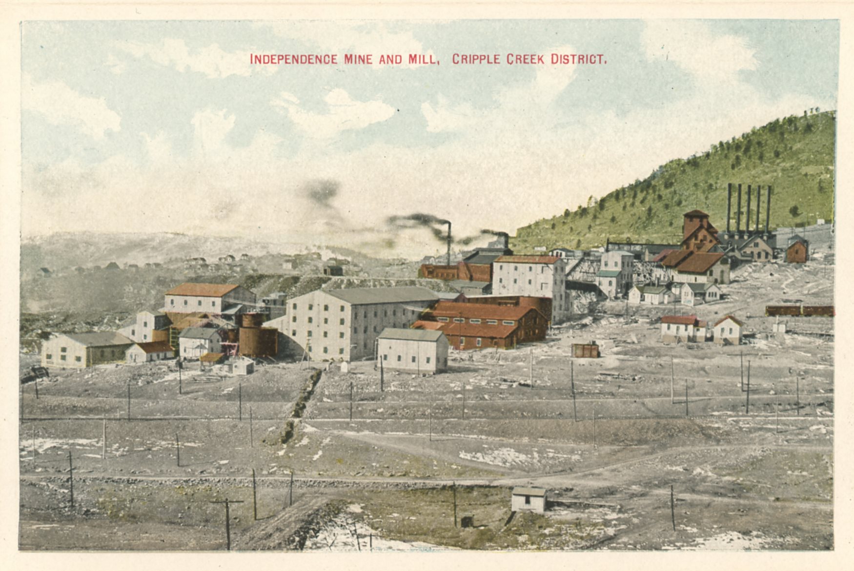 This image shows the immense large Independence Mill, which later was sold to the Portland Company and known then as the Portland Mill. But here it is the Independence Mill with the grades of the High Line/Short Line as the middle grade in front of the mill, in front of that grade is a road and in back - closest to the mill - is the grade of the Golden Circle track, a narrow gauge 3-foot railroad connected to the F. & C.C.