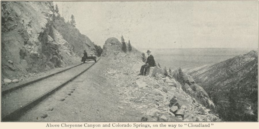 View above Cheyenne Canon of a hand car on a straight piece of track