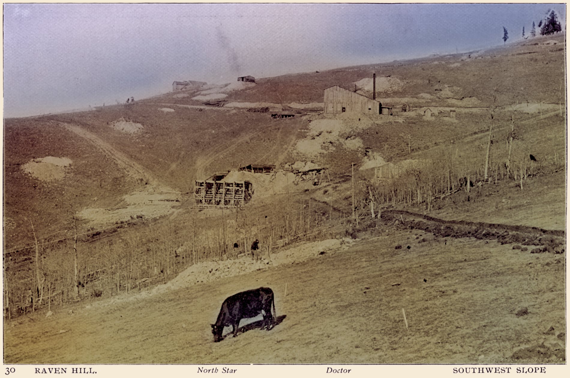 This view looking in northerly direction on Raven Hill's northwest facing slope is showing how the Doctor Mine is lacking the upper part of its more often seen Ore-House, while Shaft House is seen further up the hill Not sure why they built it like this, but this is how I am used to see the Doctor Mine portraited; with the Shaft House higher up then the Orehouse.