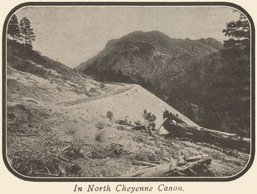 View of Short Line roadbed clinging on the mountainside in North Cheyenne Canon