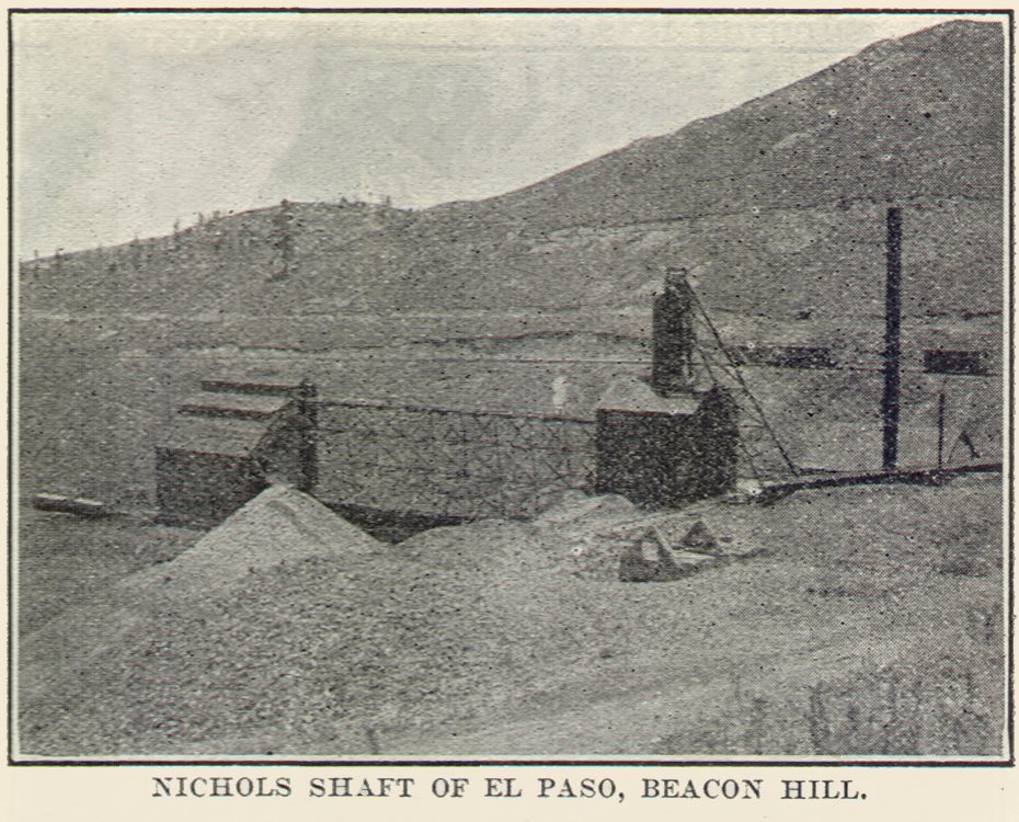 While the image quality is certainly not good at all, I still think this is a great view of the Nichols Shaft on the Ajax Beacon Hill lode. Not sure if it used a steel headframe, but the hoist is housed in a fine brick building. There appears to have been a railroad connection to the Ore-House, never seen that in any maps of the area, interesting!
