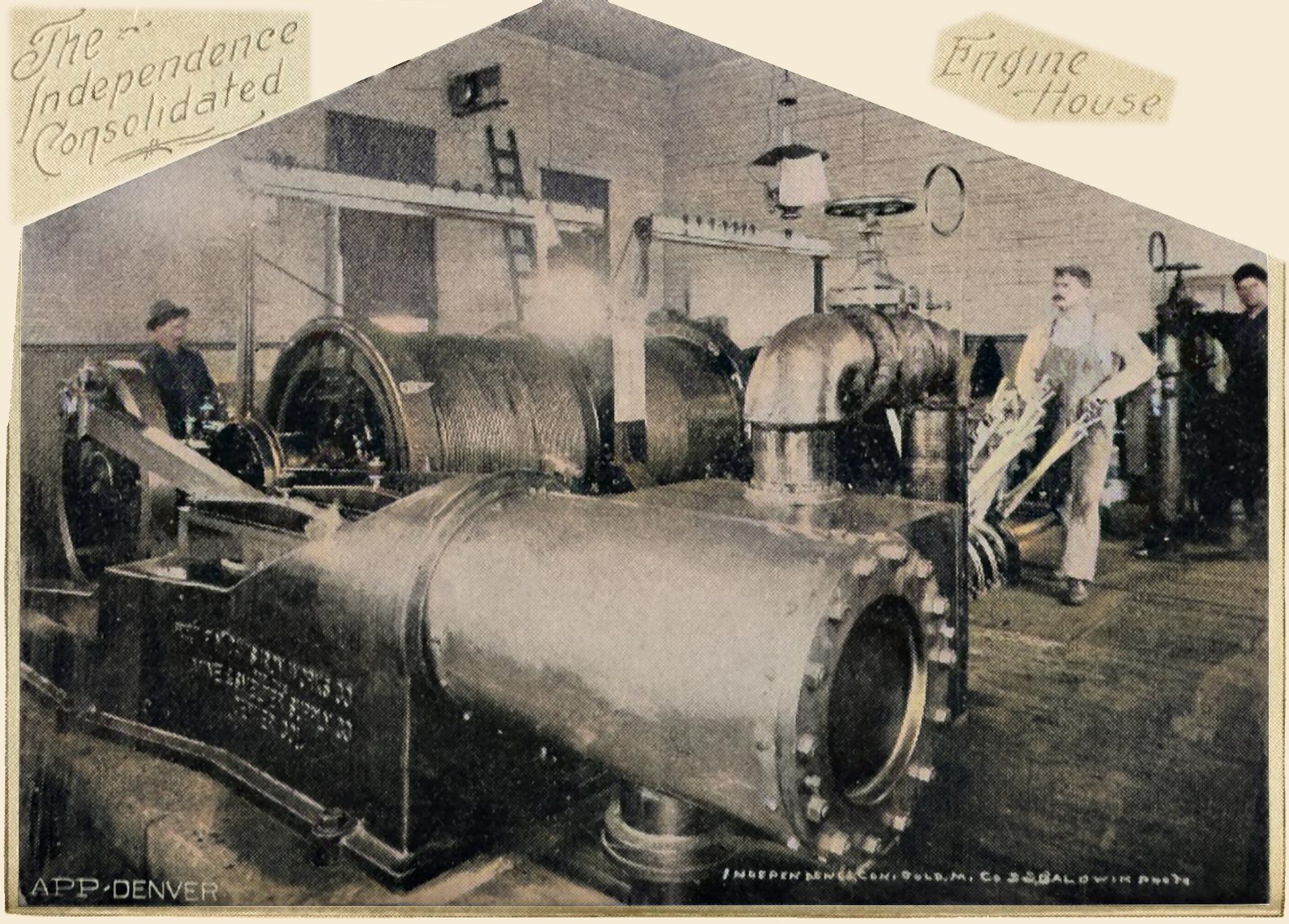 This sadly not so good quality view of the interior in the Engine House of the Hull City Mine is still though an important catching of a scene at the timeframe it is from. Three men are posing to get captured on this image, giving some sort of feeling of their work and how this operation worked at this time. In background left the large hoist, double drum due to two cages, and in foreground some sort of pump maybe.
   I did procure the colored version of this image. Source was grayish, or in common speech black & white. Used an online service and tweaked and worked with image to get what looks best to my eyes at the moment.
