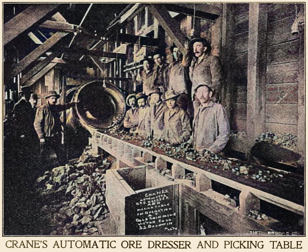 Link is to larger image than the source one. Photo by: S.S. Baldwin | Click for larger view, more info Cranes Automatic Ore Dresser and Picking Table in Operation at Gold Coin Mine Victor Colo.