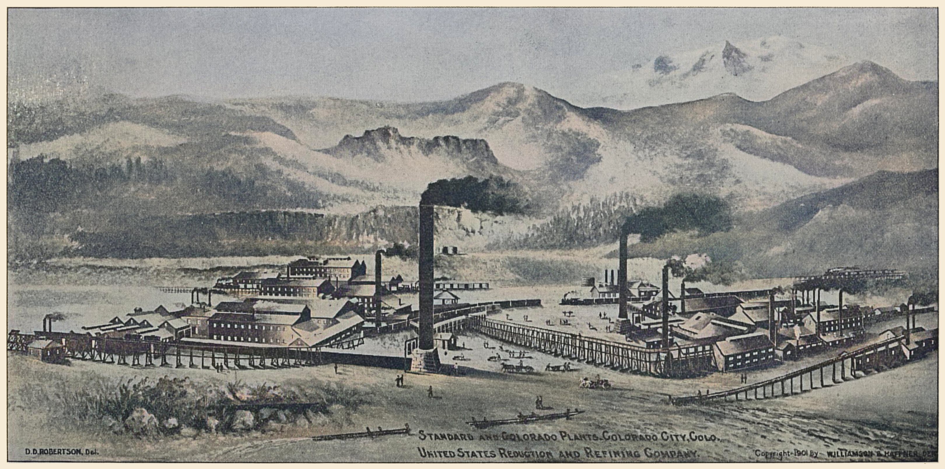 This artistic drawing/painting from no later than 1901 is quite nice even if it is a printed type based view, this due to the large size and the fact it is an artistic view, making it possible to be more raw and still look good! In the background looms the Pike's Peak and its range of mountains, and in the foreground is two large Milling Plants of the United States Reduction & Refining Co., located outside of Colorado City. The plants is the Standard Mill and the Colorado-Philadelphia Mill, why they were so close to each-other I cannot tell, but from what I gather they used a different approach to the treatment of the Cripple Creek ores.
   I did procure the colored version of the image. Source was gray-toned, or in common speech black & white. Used an online service and tweaked and worked with image to get what looks best to my eyes for the moment.