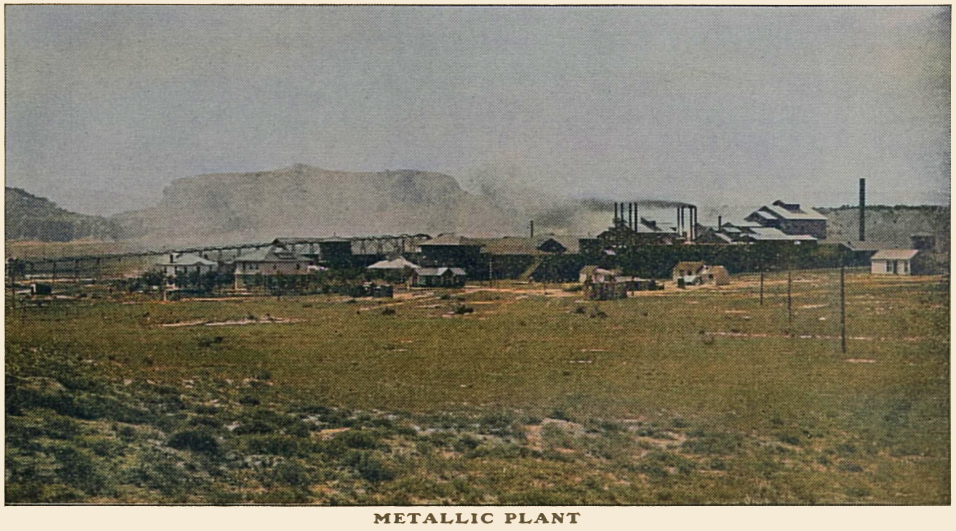 This somewhat distant view at the structures making up the Metallic or Bi-Metallic Mill located at Cyanide, a stop along the main-line of the F. & C.C. on its route to Cripple Creek from Florence, shows a huge operation that lasted less than ten year. Late 1894 it is reported ground is being broken to create this mill, and in January 1904 it is fully burned down while being dismantled.
   I think the direction of this view is in a northwesterly direction. Just north of this location the Vesta branch of the F. & C.C. took off. But this was from the beginning a Cyanide based mill operation, while the other mills along the before mention Vesta branch was more into the Chlorination business from what I been able to understand. In 1903 this plant belongs to the United States Reduction & Refining Co.
   I did procure the colored version of the image. Source was gray-toned, or in common speech black & white. Used an online service and tweaked and worked with image to get what looks best to my eyes for the moment.